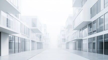 Modern architecture in a foggy urban landscape