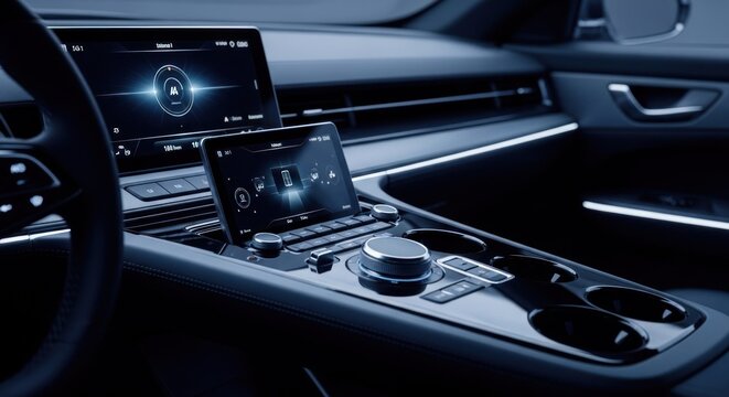 Modern car interior dashboard with advanced touchscreen displays and control panel