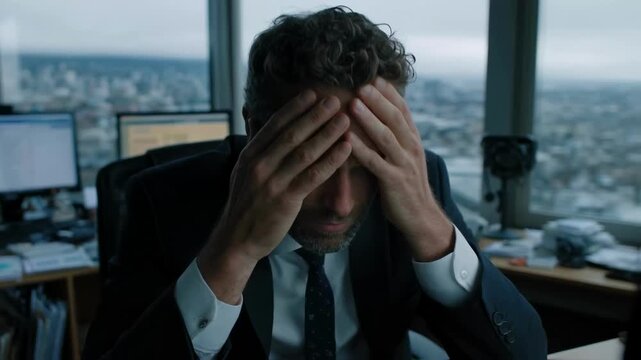 An overworked businessman in a suit feeling stressed and suffering from a headache at his desk in a modern office, a concept of corporate burnout, pressure and professional crisis