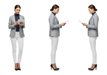Woman in business attire viewed from three angles isolated on transparent background