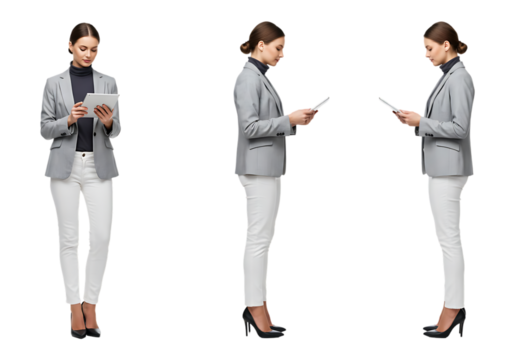 Woman in business attire viewed from three angles isolated on transparent background