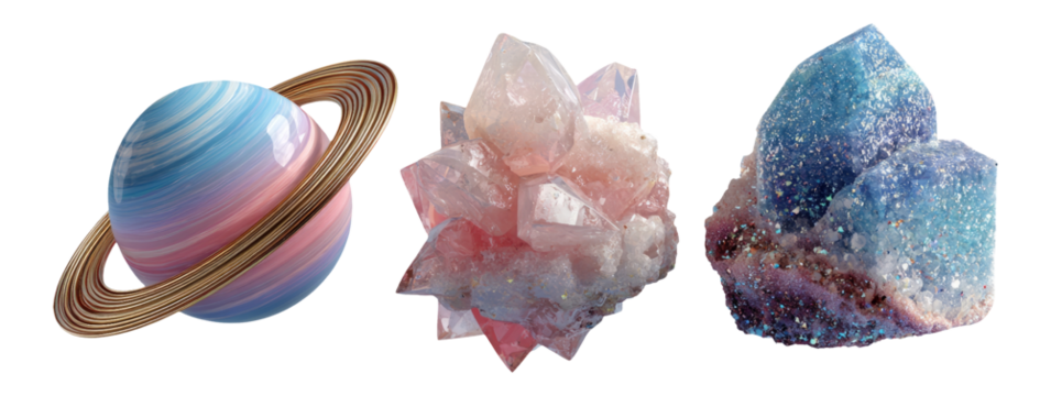 Colorful Celestial Bodies and Crystals on Transparent Background