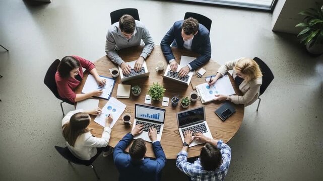 A business team collaborates around a round table in a modern office, working on laptops and analyzing data, a top view concept for teamwork, strategy and corporate planning