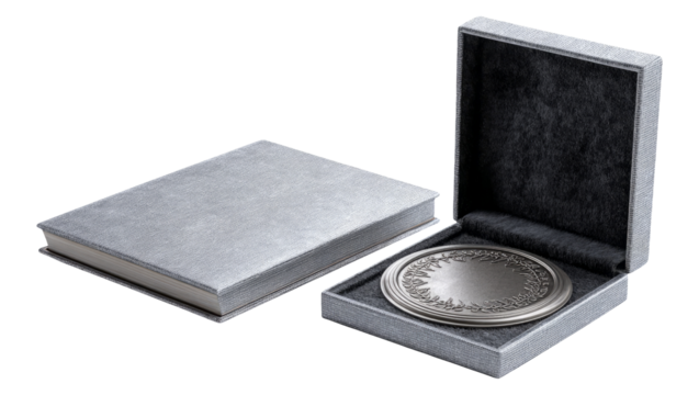 Isolated Silver Medal Set on Transparent Background with Box - Powered by Adobe