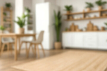 Blurred view of modern living room with sofa and soft bench. room interior with couch, armchair and coffee table or shelving units. stylish living room. comfortable workplace near big window.