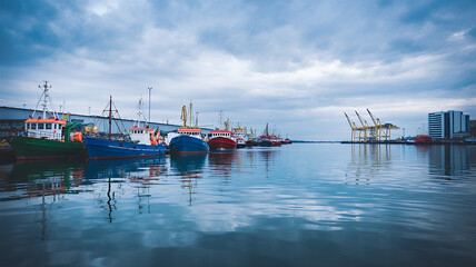 Fototapeta premium Moody Harbor Scene with Colorful Fishing Vessels