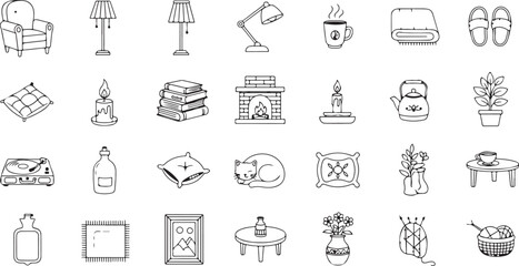 Vector art of collection of cozy home interior elements and objects, isolated on white background, including furniture, lighting, decor, and personal items, perfect for lifestyle and comfort themes