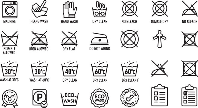 Vector art of collection of laundry care symbols and washing instruction icons isolated on white background, including washing machine, hand wash, bleach, ironing, and drying symbols