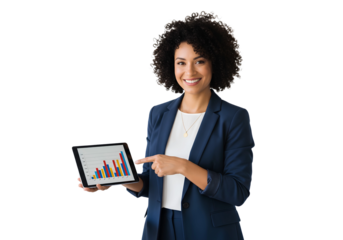 Businesswoman presenting bar graph on tablet while pointing and smiling in a professional setting
