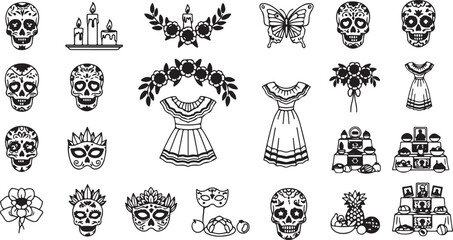 Obraz premium Vector art of collection of day of the dead icons including sugar skulls, flowers, candles, butterfly, dresses, masks, and altars, isolated on white background