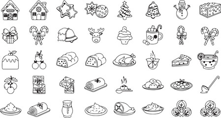 Vector art of collection of christmas icons and symbols, including festive food, drinks, decorations, and characters, isolated on a white background