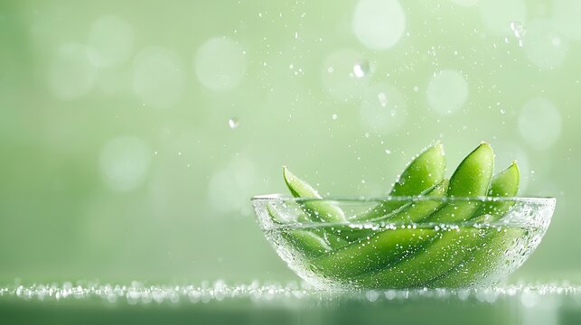 Fresh green edamame pods in a clear bowl with water