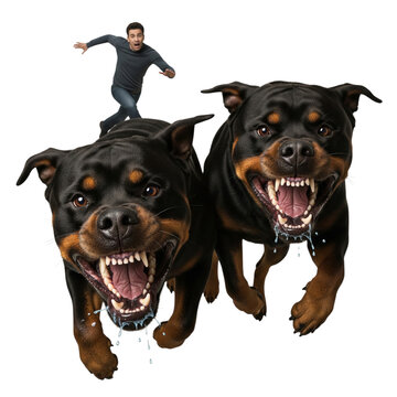 Man rides two aggressive rottweilers in dramatic black background