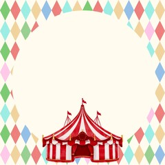 circus tent frame Illustration, hand drawn, note for baby invitation with circus animals, circle frame vintage drawing with giraffe and balloons, carnival border for kids party decoration 