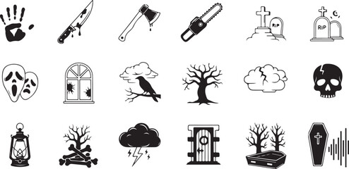 Halloween Horror Icons Set – Bloody Handprint, Knife, Axe, Chainsaw, Skull, Coffin, Ghost Mask, Graveyard, Crow, and Spooky Trees Vector Illustration