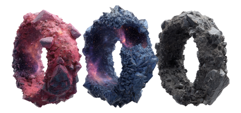 Vibrant Isolated Rock Structures with Cosmic Elements on Transparent Background