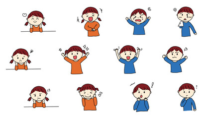 かわいい手描きの感情豊かな子供のイラストセット