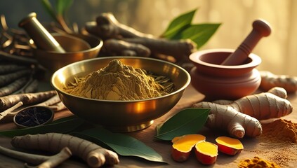 Ayurveda inspired herbal scene with brass vessel, organic roots and powders, wooden table, incense smoke, dried flowers, earthy textures, warm natural light, calming holistic wellness ambiance.