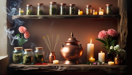 Rustic Ayurvedic corner with copper pot, jars of herbs, incense smoke, burning candle, fresh flowers, wooden shelf, warm golden tones, editorial healing scene, holistic natural wellness ambiance.