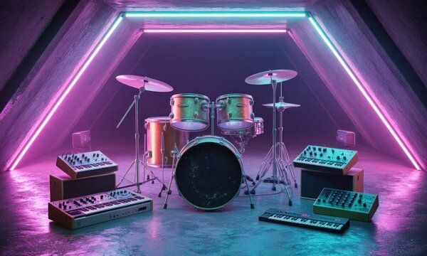 Neon-lit drum kit and synths