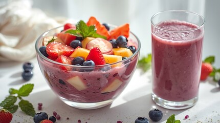 Bright Korean hwachae dessert with assorted fruits in a glass bowl, served with blueberry milk on rustic table, natural daylight shining through translucent slices, fresh summer refreshment aesthetic