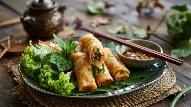 Nems are crispy Vietnamese rolls stuffed with minced meat, surrounded by fresh lettuce leaves, mint and cilantro. The rolls are served with a small amount of bright orange fish sauce.