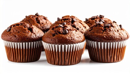 Five chocolate chip muffins arranged in a semi-circle on a clean white background, showcasing rich texture and bakery freshness."