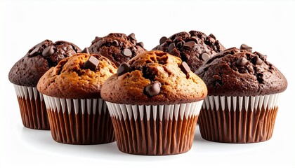 Five chocolate chip muffins arranged in a semi-circle on a clean white background, showcasing rich texture and bakery freshness."