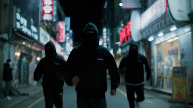 A group of anonymous men in black hoodies and masks running through a dark city alley at night, a concept of urban crime, protest, street gangs, rebellion or social anonymity