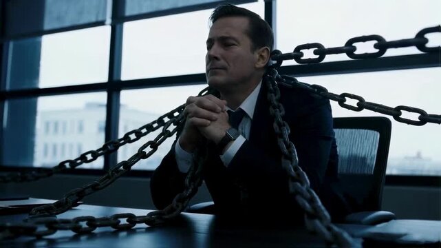 Overworked businessman in a suit chained to his office chair, a metaphor for corporate slavery, professional burnout, stress, debt crisis and lack of freedom in modern business