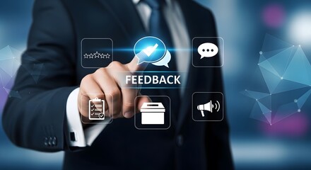 Professional businessman touching interactive screen to give customer feedback and collect opinions with modern technology for business improvement and service.