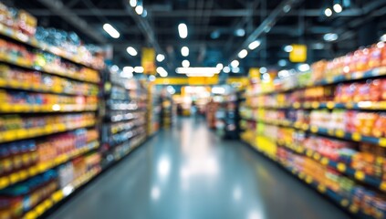 Blurred Supermarket Shelves Background with Bright Lights, Panoramic View, Ample Space for Design and Banner