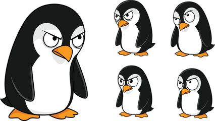 Cartoon angry penguin characters set, various grumpy expressions, black and white birds, orange beaks and feet, isolated funny wildlife illustration, emotion faces collection