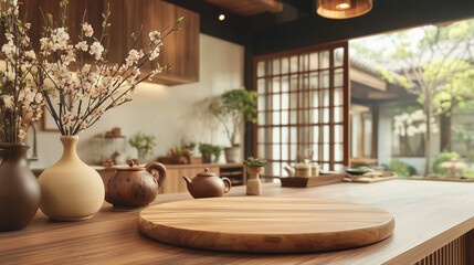 Warm Japanese style cooking room with wooden cabinets