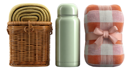Cozy Picnic Items in a Basket with Thermos and Soft Blanket