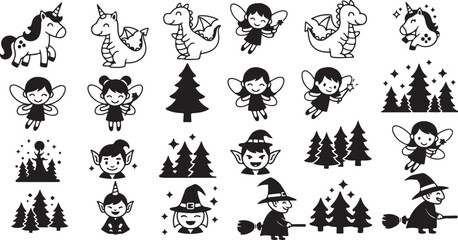 Vector art of collection of fantasy characters and elements including unicorns, dragons, fairies, witches, elves, and trees, isolated on a white background