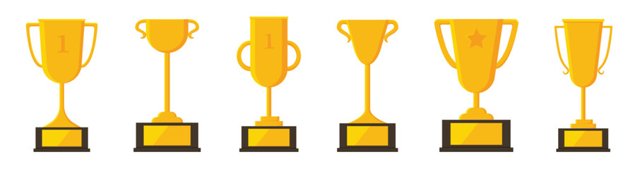 Collection of yellow winner cups. Vector illustration isolated on white background