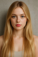 Naklejka premium Radiant Beauty: A close-up shot of a fair-skinned woman with flowing blonde hair, her bright eyes and soft features exude a sense of calm and sophistication.