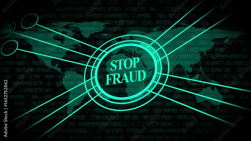 Poster digital world map with glowing stop fraud circle and binary code overlay in teal global business