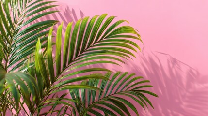 Green palm leaves against a pink background, with shadows. Use for tropical vibes, summer, or a calm backdrop.