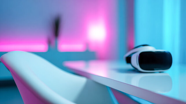 High-tech minimalist gaming room with blurred neon lights and virtual reality headset on table