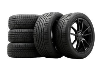 Stack of car tires and a black alloy wheel isolated on transparent background