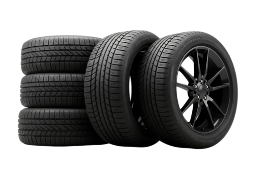 Stack of car tires and a black alloy wheel isolated on transparent background