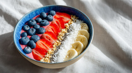 Colorful breakfast bowl with fresh fruits and granola in soft morning light from above
