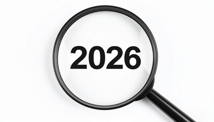 Magnifying glass focusing on number 2026. New Year. Time and goal setting. Planning, future concept