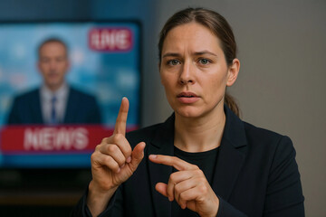 The woman is explaining and pointing while the news is playing on the screen.