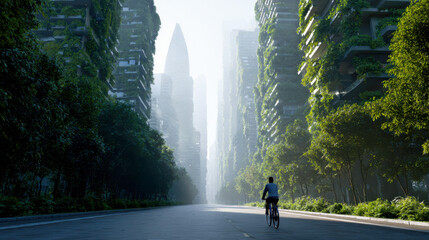 Morning mist blankets eco-friendly city with cycling path amidst green architecture