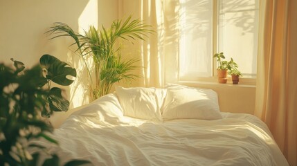 Sunlight streaming into a cozy bedroom in morning