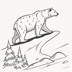 Polar bear standing on a snowy cliff with pine trees isolated on white background in a black and white drawing