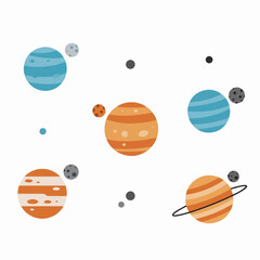 Cute Cartoon Planets and Moons on White Background, Minimalist Space Illustration